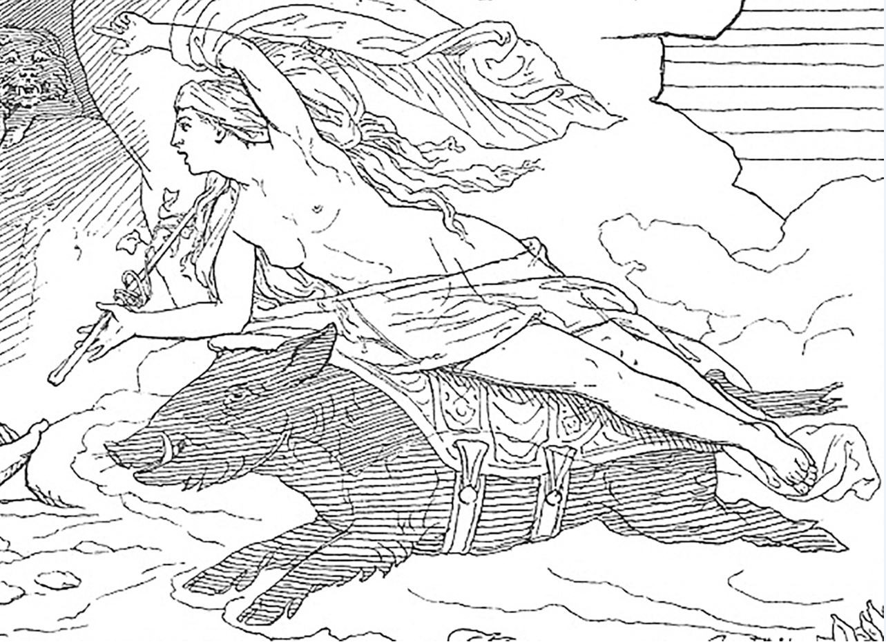 "Elsa Brès : Détail de Freyja chevauchant Hildisvíni pour visiter Hyndla, dessin de 1895 par Lorenz Frølich."
